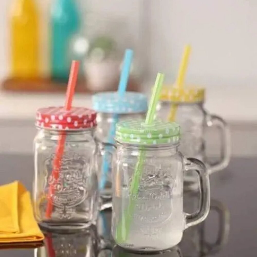Set of 4 Mason Jar Glasses | Handles + Colored Metal Lids + Reusable Straws